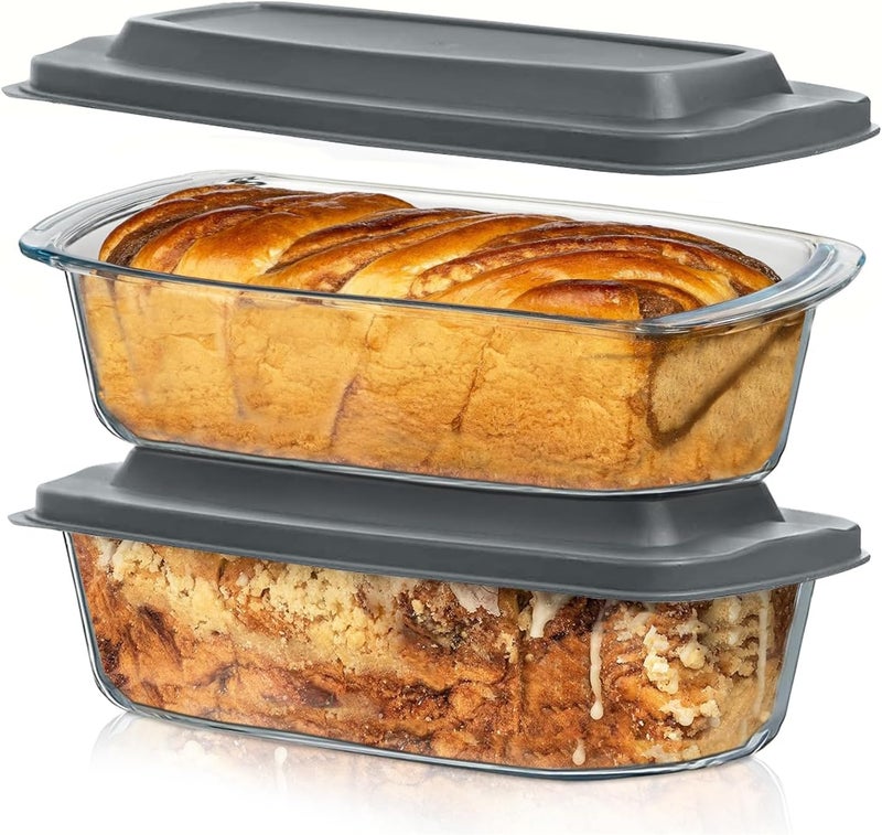 Razab LARGE 7.6 Cups/1800 ML/1.9 Qt Glass Loaf Pan with Lids (Set of 2) - Meatloaf Pan BPA free Airtight Lids Grip Handle Easy Carry, Microwave and Oven Safe - Loaf Pans For Baking Bread, Cakes - Image 1