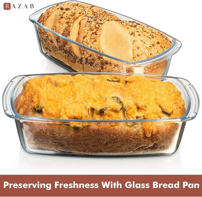 Razab LARGE 7.6 Cups/1800 ML/1.9 Qt Glass Loaf Pan with Lids (Set of 2) - Meatloaf Pan BPA free Airtight Lids Grip Handle Easy Carry, Microwave and Oven Safe - Loaf Pans For Baking Bread, Cakes - Image 2
