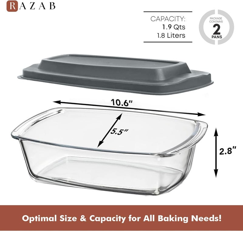Razab LARGE 7.6 Cups/1800 ML/1.9 Qt Glass Loaf Pan with Lids (Set of 2) - Meatloaf Pan BPA free Airtight Lids Grip Handle Easy Carry, Microwave and Oven Safe - Loaf Pans For Baking Bread, Cakes - Image 3