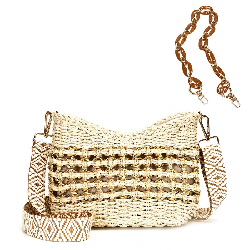 Herald Small Summer Crossbody Bags for Women, Beach Handmade Straw Woven Pocketbooks Handbag Shoulder Purse (Beige with Gold Thread) - Image 1