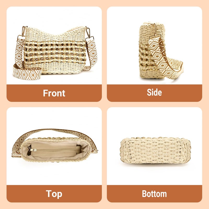 Herald Small Summer Crossbody Bags for Women, Beach Handmade Straw Woven Pocketbooks Handbag Shoulder Purse (Beige with Gold Thread) - Image 5