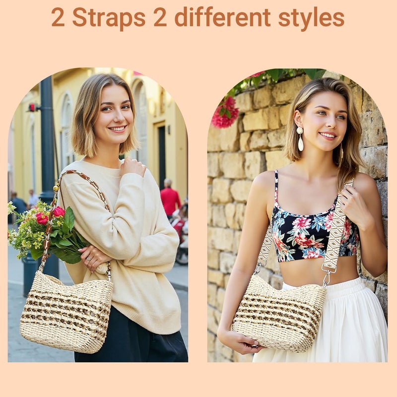 Herald Small Summer Crossbody Bags for Women, Beach Handmade Straw Woven Pocketbooks Handbag Shoulder Purse (Beige with Gold Thread) - Image 4