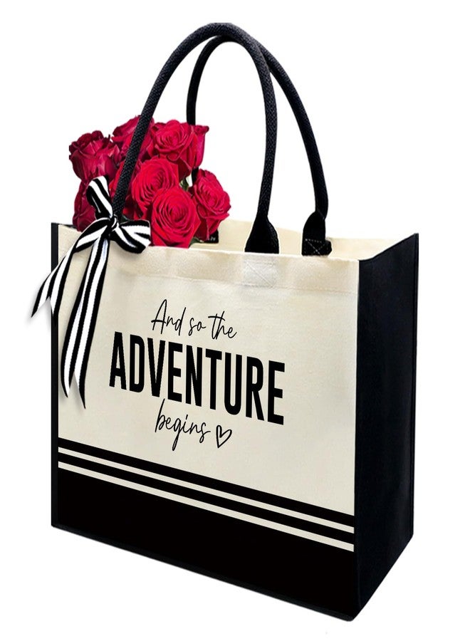 MQPPKJ Engagement Gift, Canvas Tote Bag, Bridal Shower Gifts for Bride Tote Bags, Wedding Bride Gifts Shoulder Bags (Adventure Begins, Black&White) - Image 1