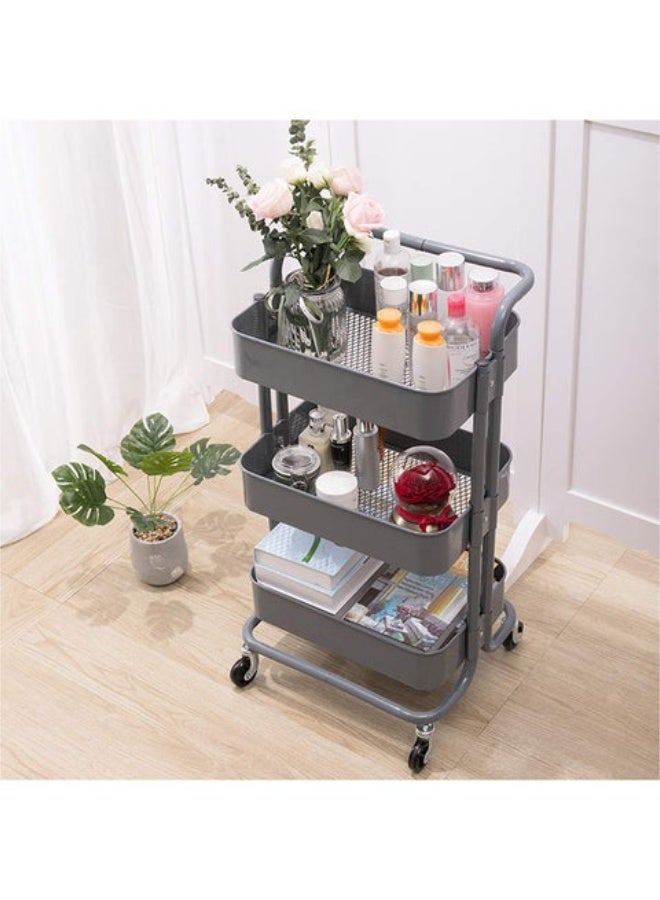 Rolling Cart Organizer, Metal, Three-Tier Shelves, Grey, 87x37x45cm - Image 2