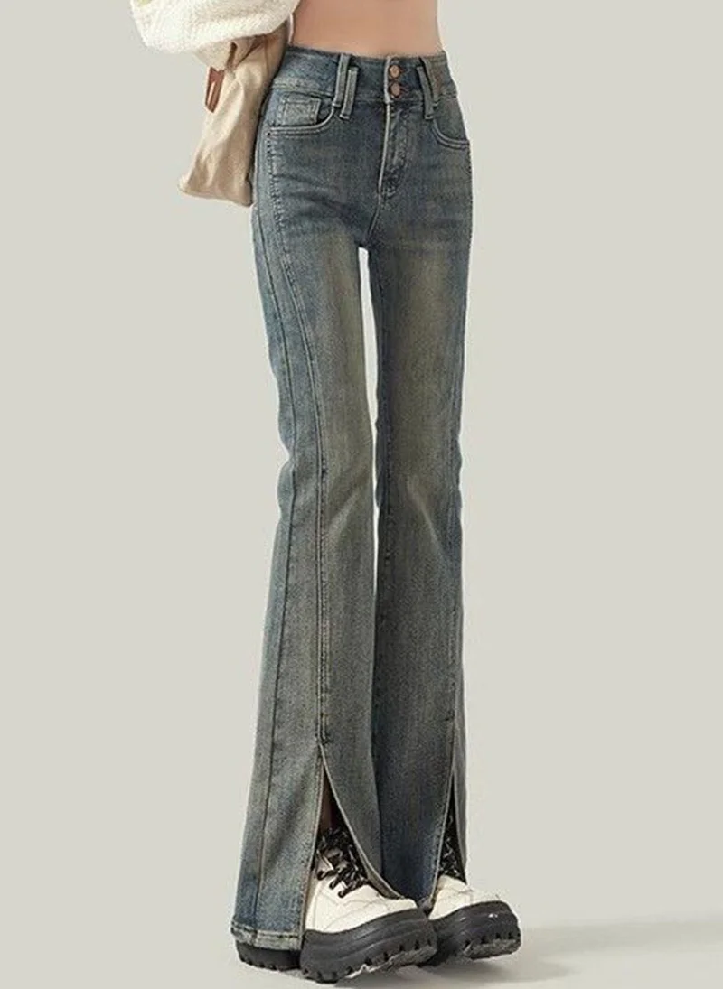 YUNIQEE Blue Cotton Flared High-Rise Denim Jeans