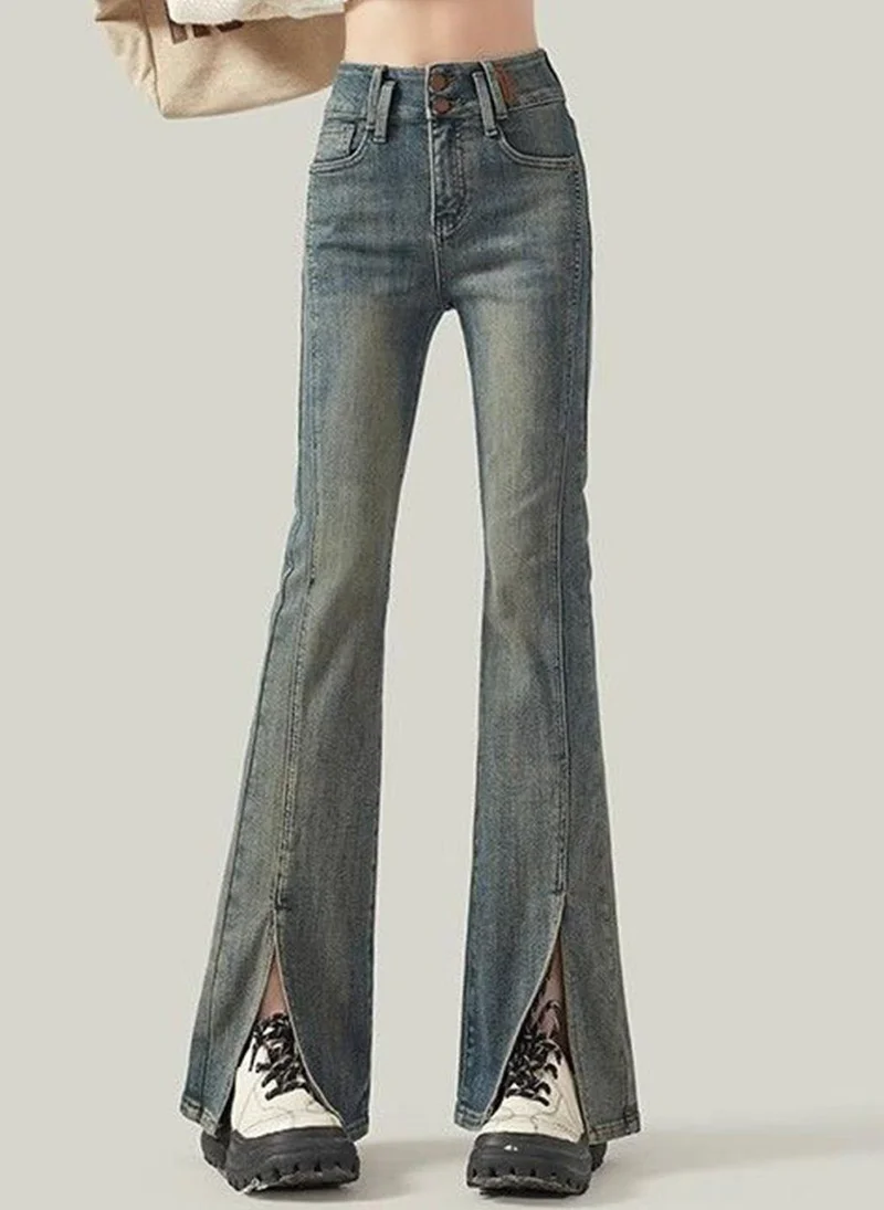YUNIQEE Blue Cotton Flared High-Rise Denim Jeans