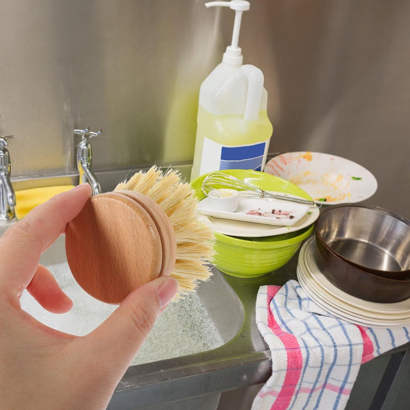 Wood Handle Dish Brush Natural Fiber Scrubber Head Small Size for Non Stick Cookware - Image 4