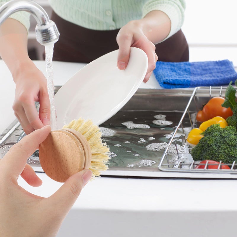 Wood Handle Dish Brush Natural Fiber Scrubber Head Small Size for Non Stick Cookware - Image 5