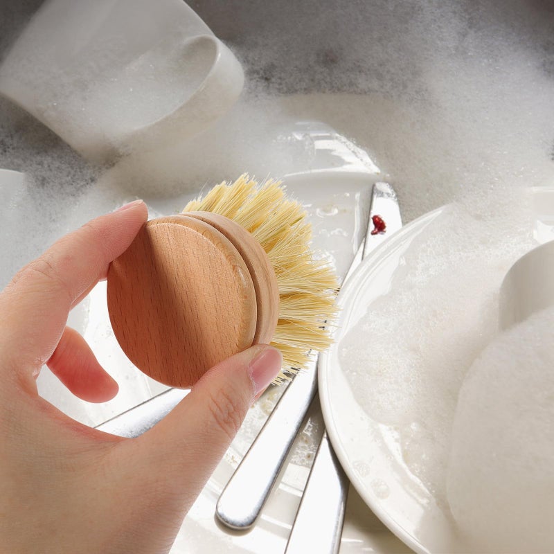 Wood Handle Dish Brush Natural Fiber Scrubber Head Small Size for Non Stick Cookware - Image 3