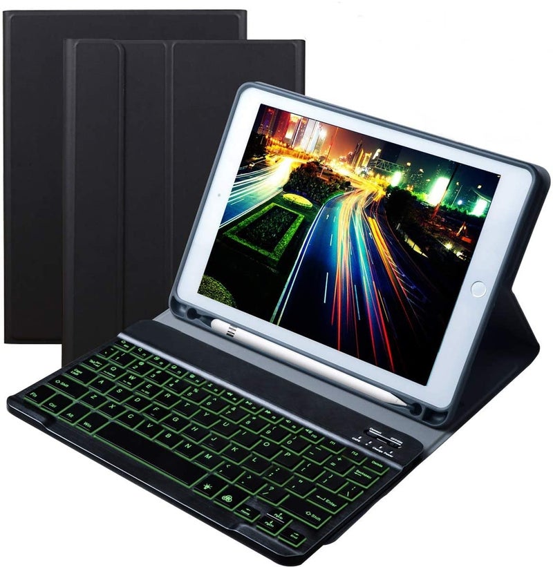 ProElite Keyboard case for Apple iPad 10.2" 9th Gen (2021) / 8th Gen / 7th Gen, with Pencil Holder, Magnetic Detachable Wireless Bluetooth Keyboard Built-in 7-Colors Backlit, Black - Image 1