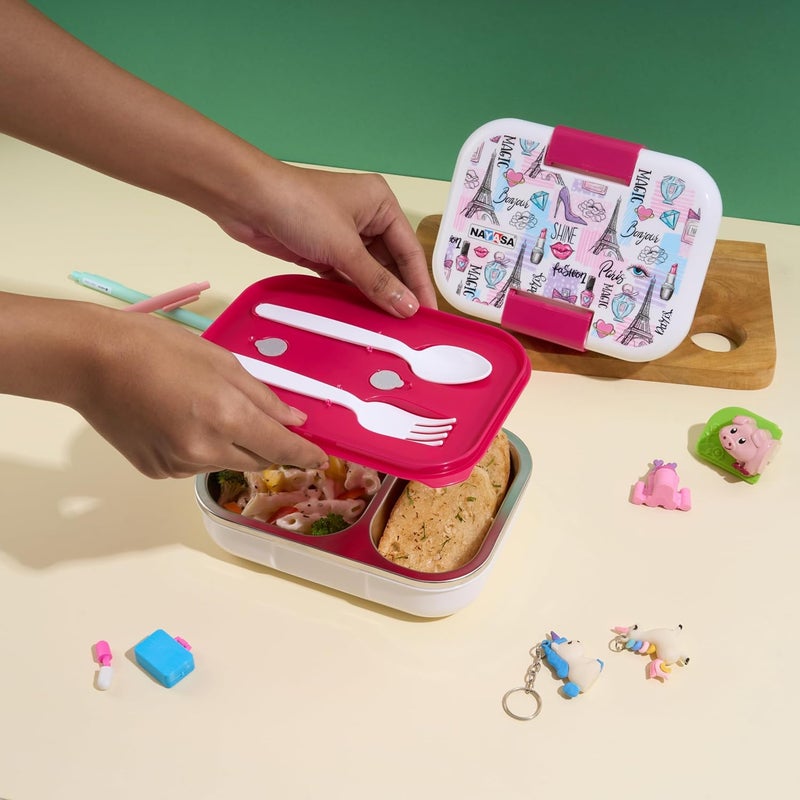 NAYASA Marco 2 Compartment Stainless Steel Insulated Lunch Box for Kids | Paris Print | Vacuum Sealed & Leak Proof Tiffin | 650 ml | White - Image 3