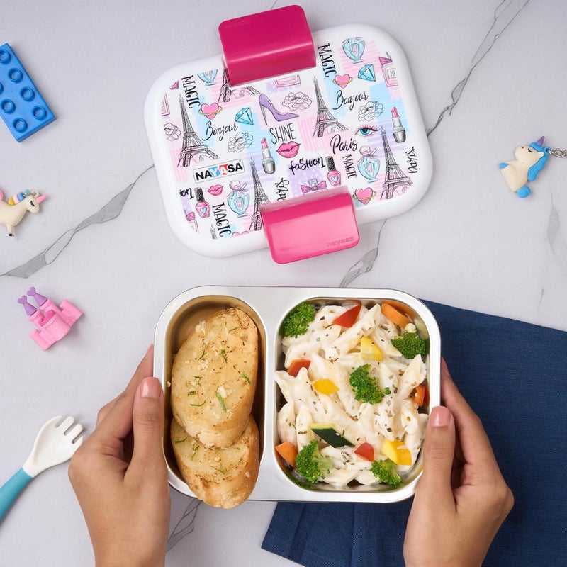 NAYASA Marco 2 Compartment Stainless Steel Insulated Lunch Box for Kids | Paris Print | Vacuum Sealed & Leak Proof Tiffin | 650 ml | White - Image 5