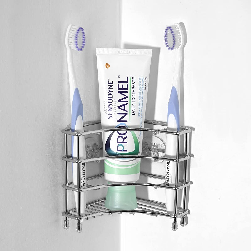 حامل فرشاة الأسنان المثبت على الزاوية من لينكيديا للحمام، رف زاوية مثلث ذاتي اللصق لجدران البلاط، من الفولاذ المقاوم للصدأ، منظم فرشاة الأسنان الكهربائية ومعجون الأسنان، فضي