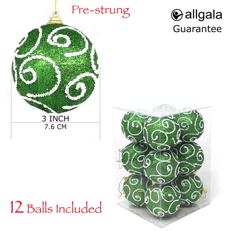 allgala allgala 12 Pack 3 Inch Christmas Tree Ornament Balls-Glitter Decorated Foam Large Xmas Ball-Green  - Image 2