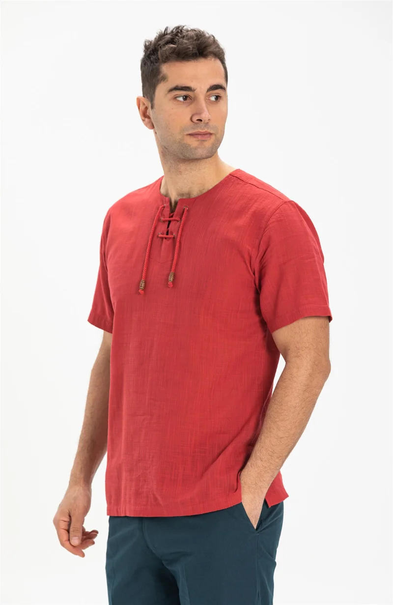 Eliş Şile Bezi Kısa Kol Şile Bezi Zımbalı Erkek Tshirt Kırmızı 3051