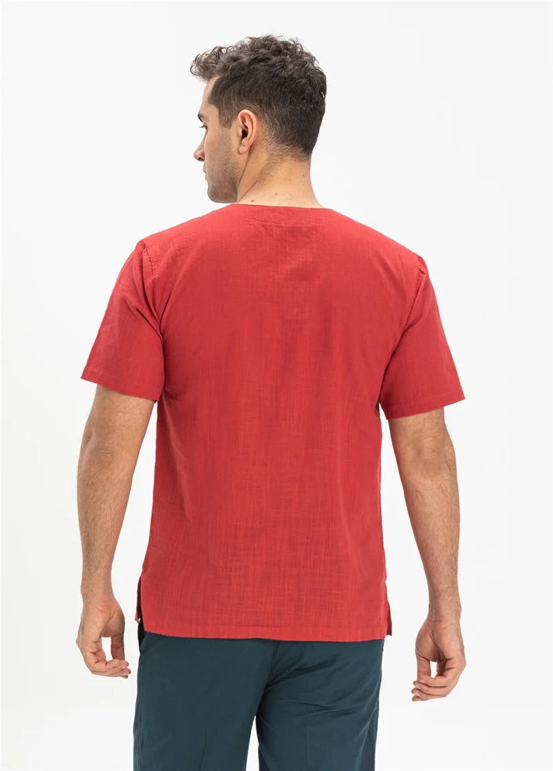 Eliş Şile Bezi Kısa Kol Şile Bezi Zımbalı Erkek Tshirt Kırmızı 3051