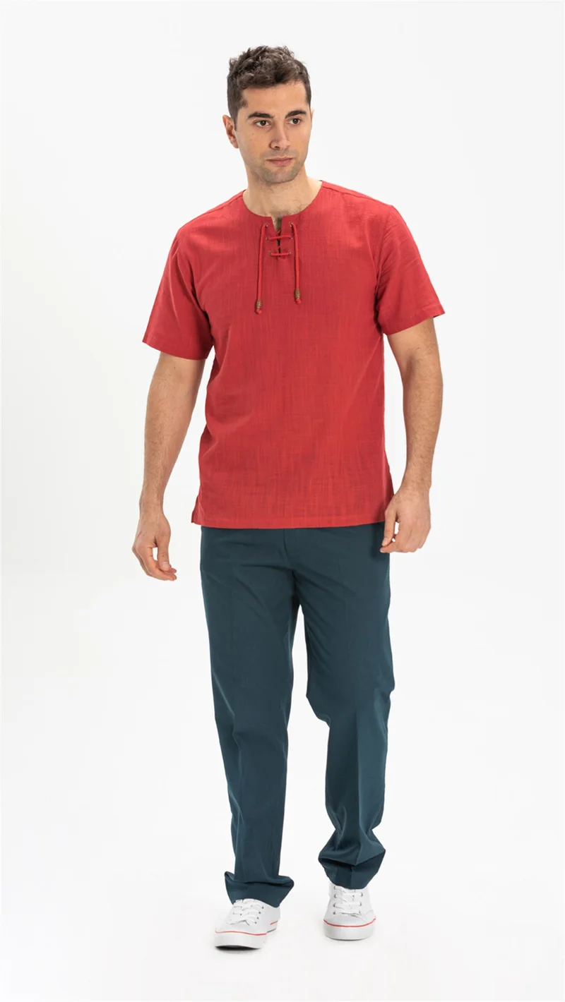 Eliş Şile Bezi Kısa Kol Şile Bezi Zımbalı Erkek Tshirt Kırmızı 3051