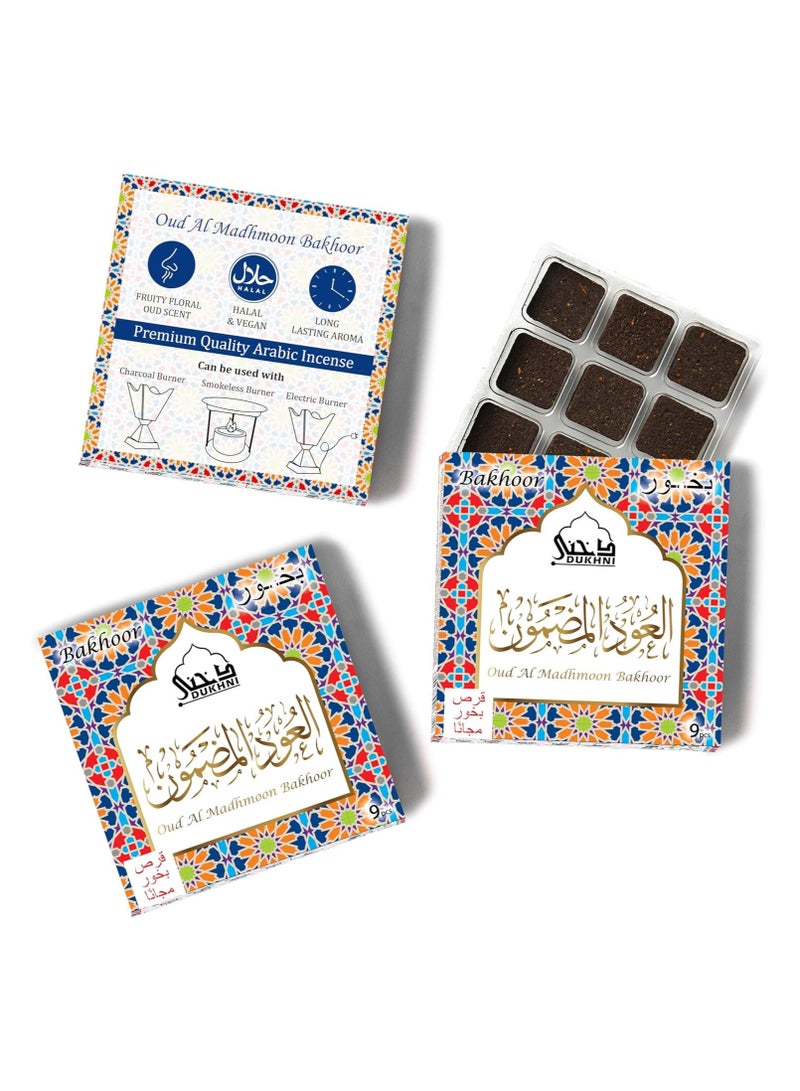 Dukhni Oud Al Madhmoon Bakhoor | 3 boxes x 9 Piece each | Arabic Bakhoor Incense | Rose Oud Blend | Perfect for Prayer Time | To Relax & Meditate | Handmade Traditional recipe - Image 1
