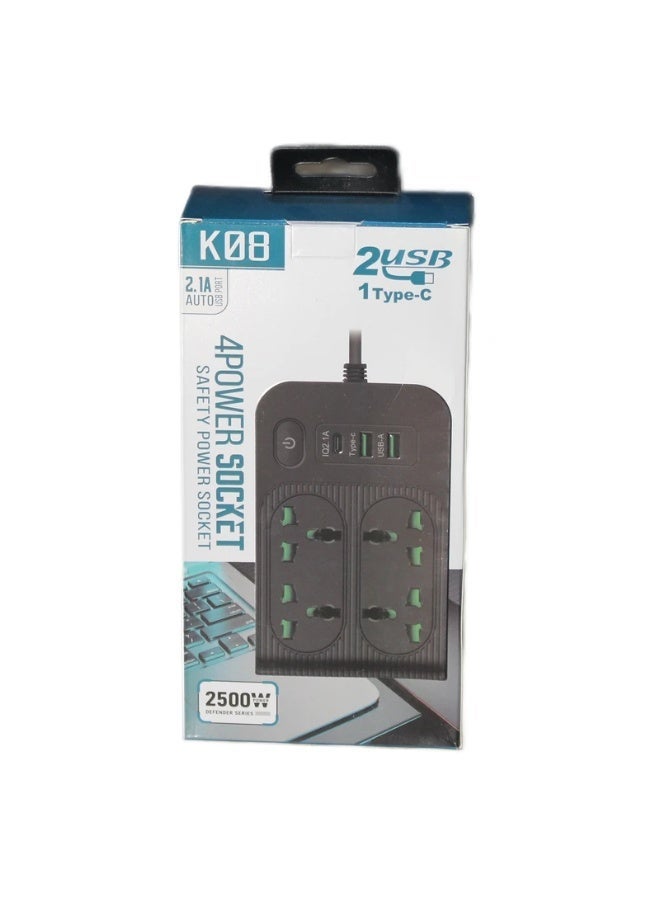 High Power 2500W Multi-Outlet Surge Protector with 4 Sockets & Type-C Port - Image 3