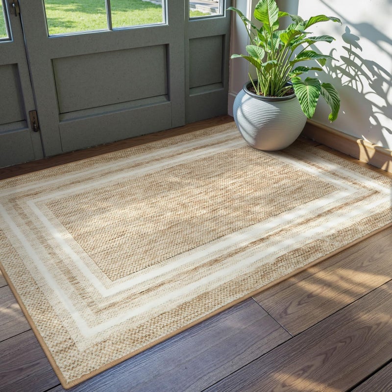OJIA Modern Bordered Washable Rug 3'x5', Printed Non Slip Rug for Living Room Soft Bedroom Entry Mat Non-Shedding Accent Carpet Indoor Door Mat Small Carpet for Entryway Kitchen Bathroom Office - Image 1