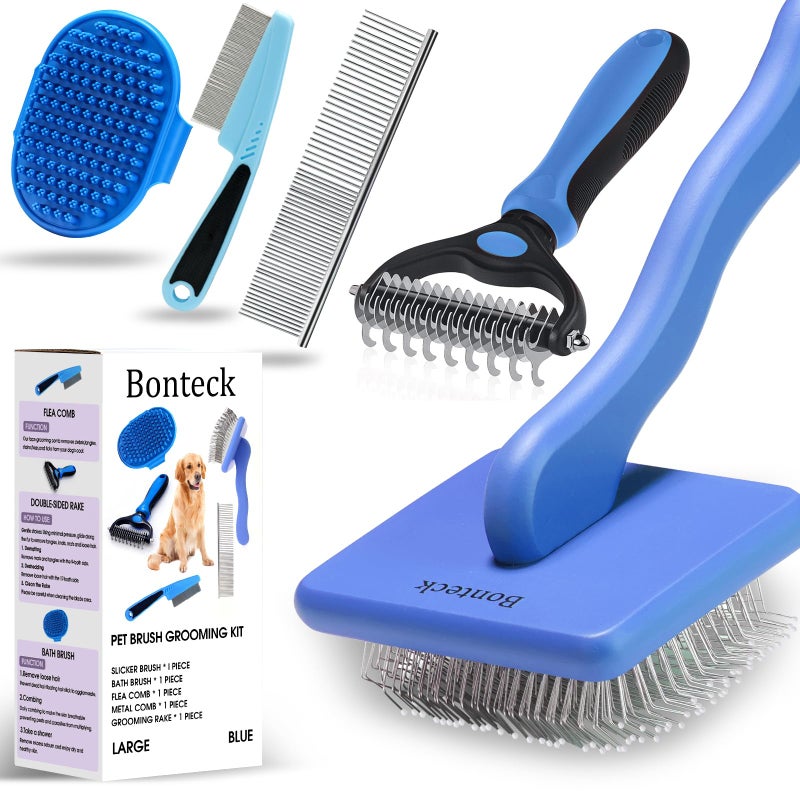 Bonteck Dog Slicker Brush for Dogs Grooming Kit 4PCS | Large Dog Brush for Goldendoodles Poodles Doodles | Long Pin Haired Brush | Poodle Brushes and Comb (Blue) - Image 1