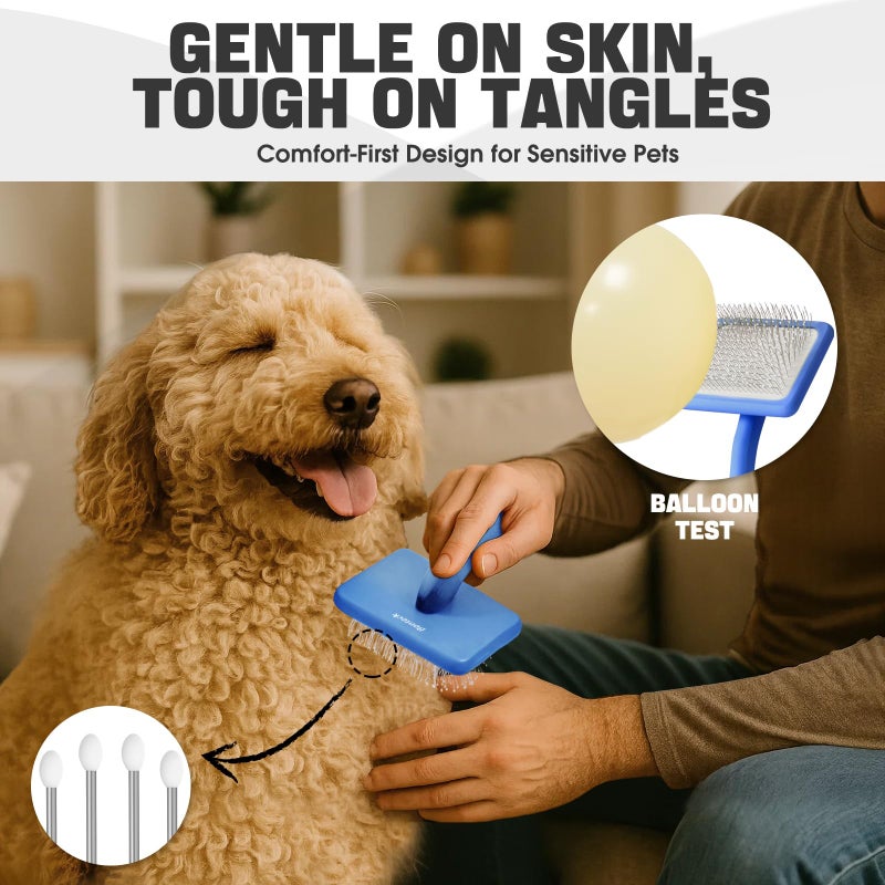 Bonteck Dog Slicker Brush for Dogs Grooming Kit 4PCS | Large Dog Brush for Goldendoodles Poodles Doodles | Long Pin Haired Brush | Poodle Brushes and Comb (Blue) - Image 3