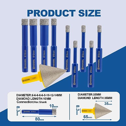 HIGHDRIL Diamond Hole Saw Kit - (6/6/6/6/6/8/10/12/14mm+35mm Hex Chamfer) Diamond Core Drill Bit Set for Porcelain Ceramic Granite Marble Hard Materials - Image 2