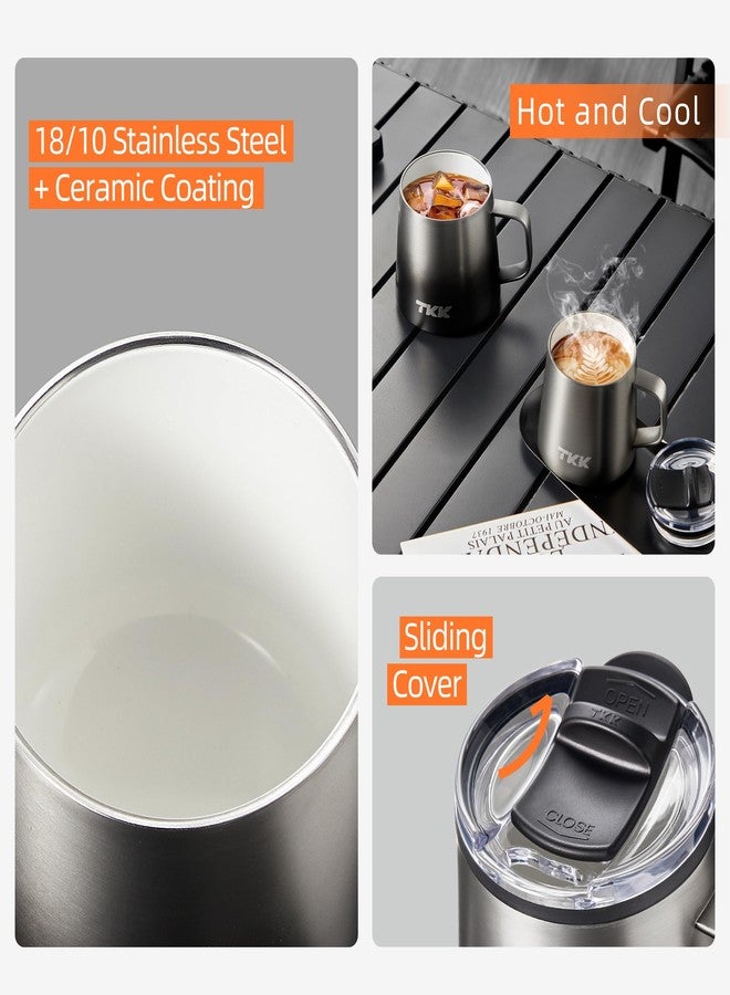 تي ك ك كوب قهوة معزول من TKK سعة 12 أونصة، بمقبض، مطلي بالسيراميك، غطاء منزلق قابل للفصل، مصنوع من الفولاذ المقاوم للصدأ، جدار مزدوج معزول حرارياً، كوب سفر - Image 5