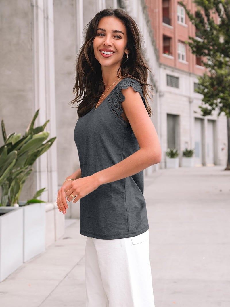AUTOMET Womens Summer Tops Short Sleeve Shirts 2026 Business Casual Dressy Tank Top Loose Fit Cap Lace Sleeveless Tshirts Cute Basic Tee Trendy Fashion Spring Beach Vacation Outfits BlackGrey L - Image 3