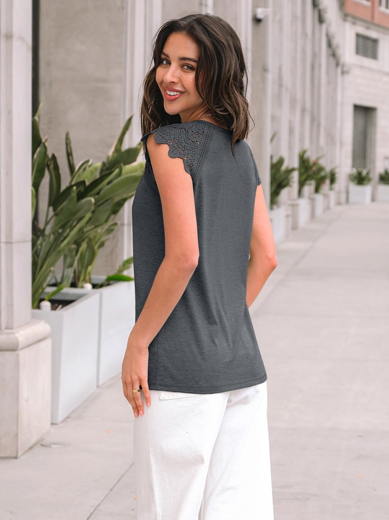 AUTOMET Womens Summer Tops Short Sleeve Shirts 2026 Business Casual Dressy Tank Top Loose Fit Cap Lace Sleeveless Tshirts Cute Basic Tee Trendy Fashion Spring Beach Vacation Outfits BlackGrey L - Image 4