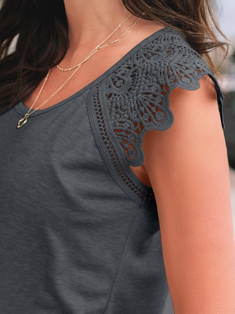 AUTOMET Womens Summer Tops Short Sleeve Shirts 2026 Business Casual Dressy Tank Top Loose Fit Cap Lace Sleeveless Tshirts Cute Basic Tee Trendy Fashion Spring Beach Vacation Outfits BlackGrey L - Image 5