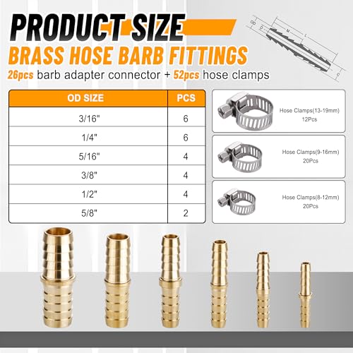 Ailbiuko 26PCS Brass Hose Barb FittingBarb Splicer Mender Hose Fittings 316 14 516 38 12 58 with 52Pcs Stainless Steel Pipe Hose Clamps for AirFuelWaterOil Hose - Image 3