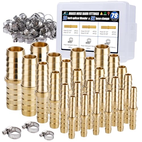 Ailbiuko 26PCS Brass Hose Barb FittingBarb Splicer Mender Hose Fittings 316 14 516 38 12 58 with 52Pcs Stainless Steel Pipe Hose Clamps for AirFuelWaterOil Hose - Image 1