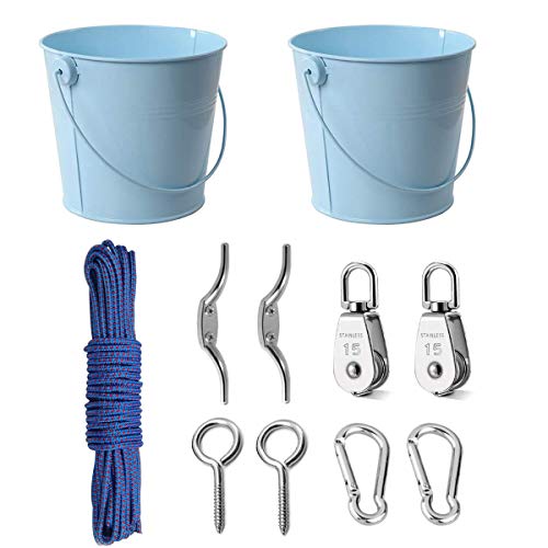 FUQUN Treehouse Accessories for Kids Pulley with Bucket Cable Kids Playhouse Accessories Pulleys for Kids Pirate Ship Accessories Outdoor Playhouse Game Bucket for Treehouse 2Sets Blue - Image 1