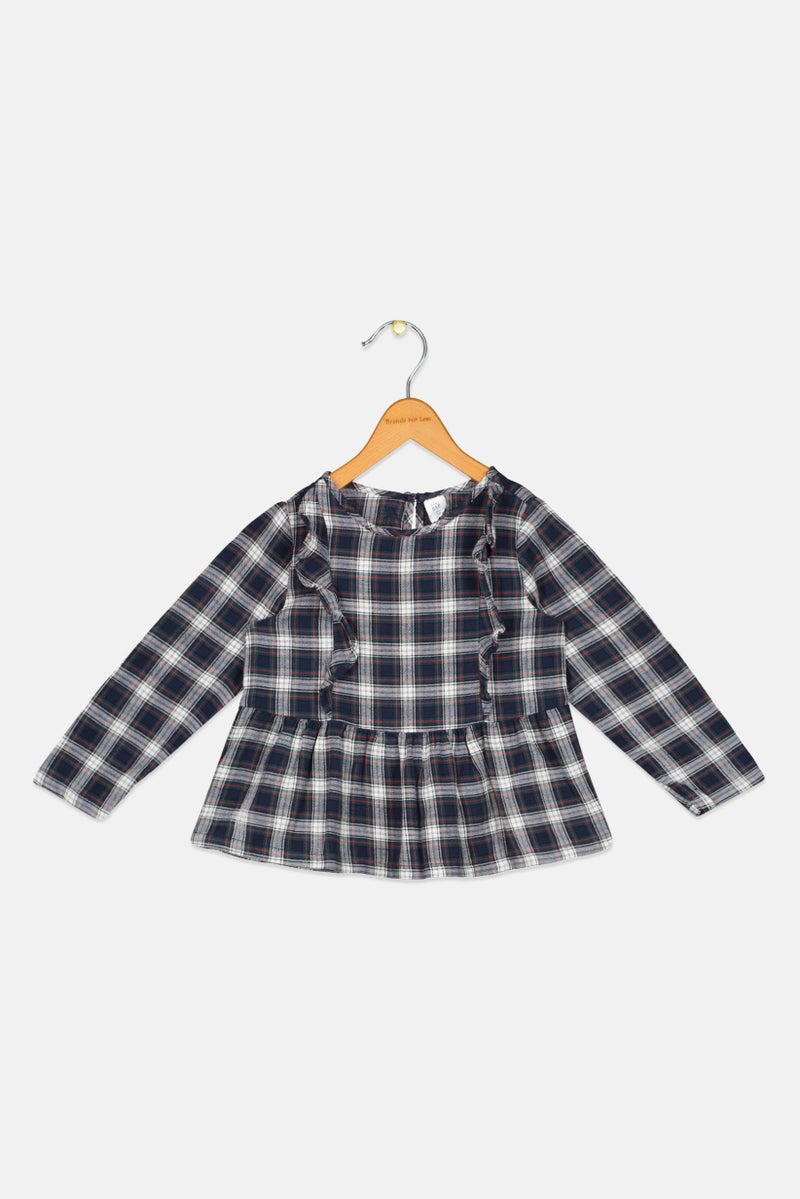 GAP Toddlers Girl Long Sleeves Checkered Top, Navy Combo - Image 1