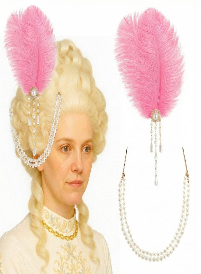 Suncalla 2 Pcs Women Victorian Hair Accessories Includes Ostrich Feather and Pearl Tassel Barrette Clip for 18th Century Renaissance Queen Blonde Beehive Cosplay Decor(Pink) - Image 1