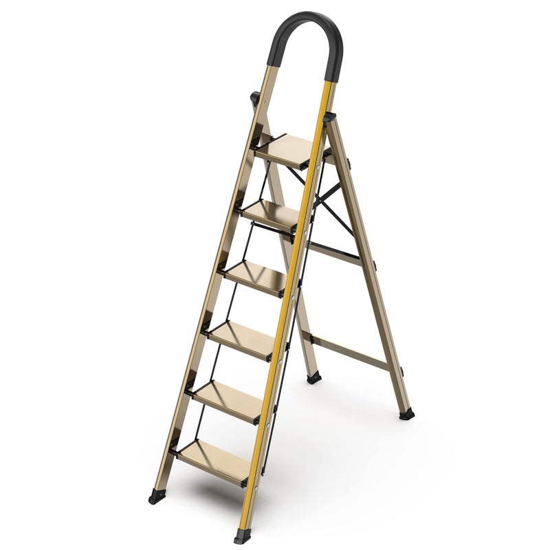 GameGem Lightweight Aluminum 6 Step Ladder for 12 Feet High Ceiling Folding Step Stool Stepladders with AntiSlip and Wide Pedal for Home and Kitchen Use Space Saving Brown Gold