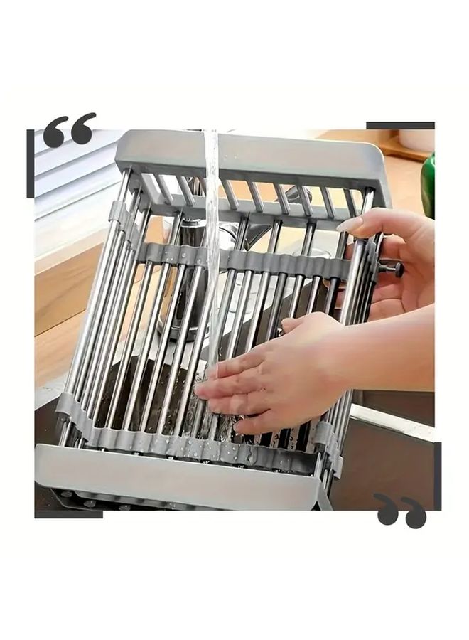 Grey Extendable Foldable Dish Rack With Drain Basket Adjustable Height Kitchen Organizer - Image 5