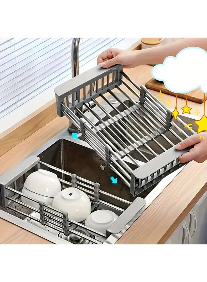 Grey Extendable Foldable Dish Rack With Drain Basket Adjustable Height Kitchen Organizer - Image 1