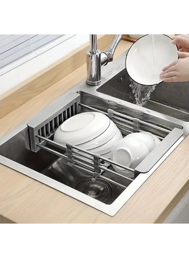Grey Extendable Foldable Dish Rack With Drain Basket Adjustable Height Kitchen Organizer - Image 4