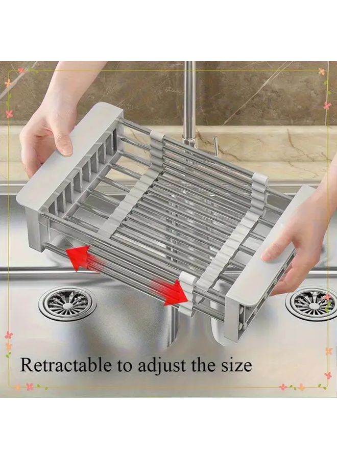 Grey Extendable Foldable Dish Rack With Drain Basket Adjustable Height Kitchen Organizer - Image 2
