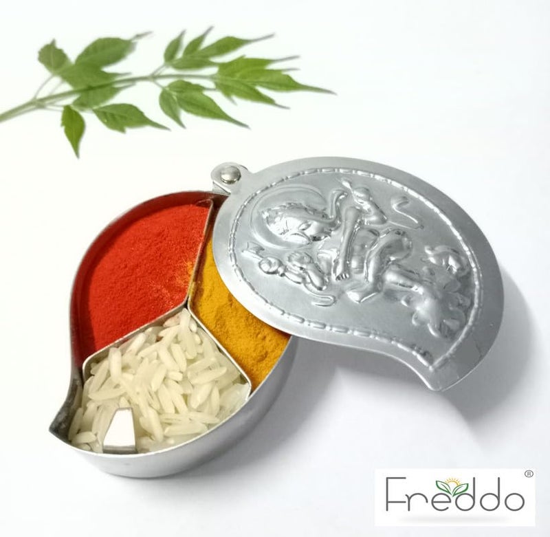 FREDDO -Stainless Steel Chandan Roli Tika Chopda Set/Chawal Akshat Haldi Dibbi/Kumkum Holder Chopda (NO 5) Pack of 1 Piece - Image 4