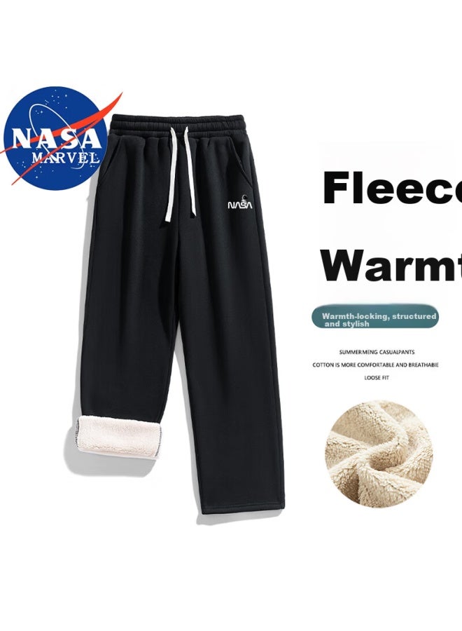 Nasa Marvel Men's Autumn Winter Fleece Lined Loose Fit Large Size Straight Leg Sweatpants Casual Trousers Black S - Image 1