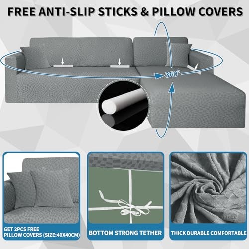 ZNSAYOTX 2026 Stretch Sectional Couch Covers Stylish Irregular Slipcovers with Elastic Bottom for L Shape Sectional Sofa, 2 Pcs Pet Friendly Protector (3 Seat Sofa + 3 Seat Chaise, Light Grey) - Image 2