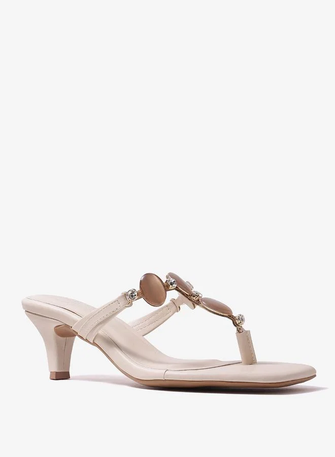 Pair-Ie Tales Beige Embellished T-Strap Beaded Sandals
