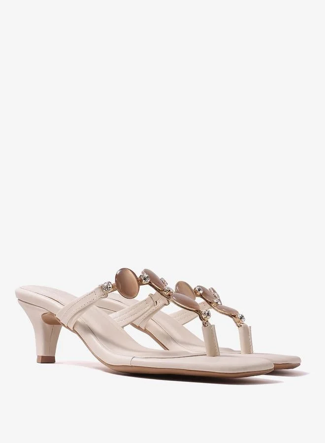 Pair-Ie Tales Beige Embellished T-Strap Beaded Sandals