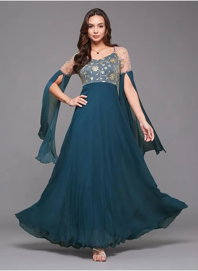Styli Teal Lace A-Line Maxi Party Dress