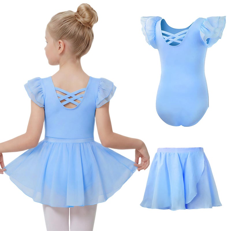 Gogokids 2 Pcs Ballet Leotards Dresses for Girls Crisscross Back Toddler Ballerina Outfit with Removable Skirt Combo 4-5T - Image 1