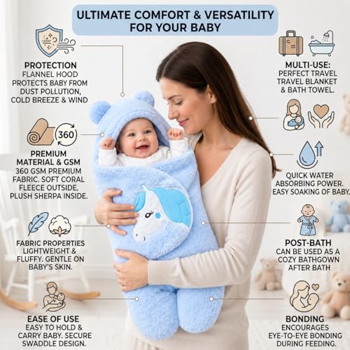 BRANDONN Baby Blanket Newborn Gift Pack Swaddle Wrapper with Bear Hood, Ultra-Soft Premium Flannel Fabric, 0-9 Months, Length 68 cm x Width 68 cm - Image 2