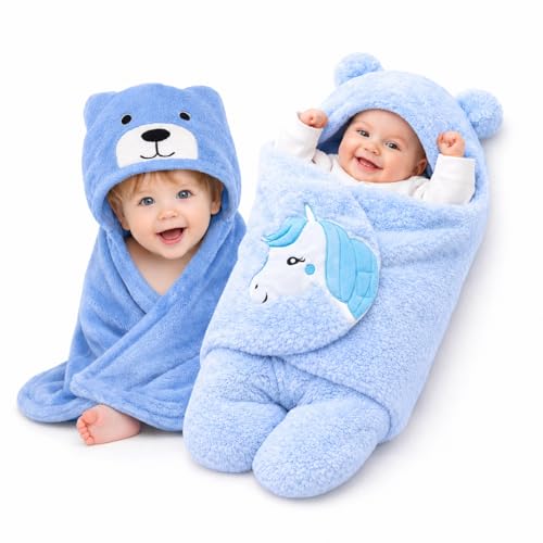 BRANDONN Baby Blanket Newborn Gift Pack Swaddle Wrapper with Bear Hood, Ultra-Soft Premium Flannel Fabric, 0-9 Months, Length 68 cm x Width 68 cm - Image 1